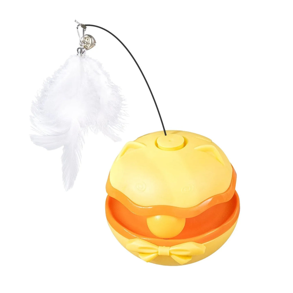 Electric plastic cat toy tumbler with LED lights in lemon yellow, blue, or grey.