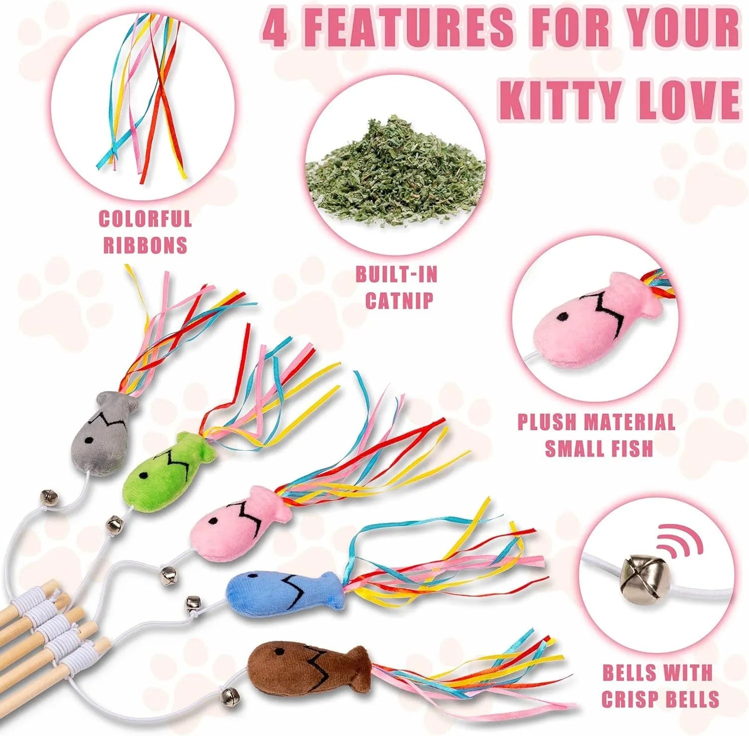 Cat wand toy with colourful ribbons, catnip fish, and bell on wooden handle for interactive play