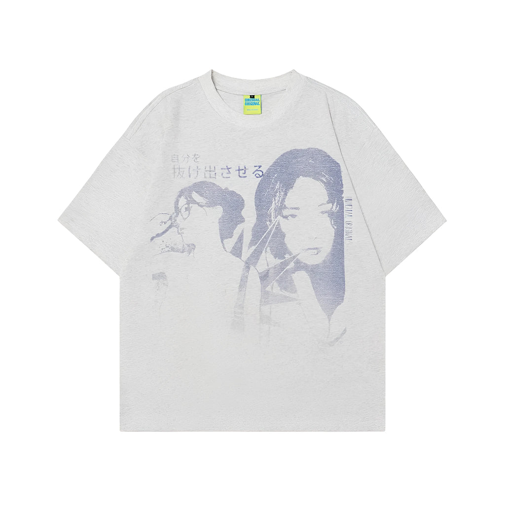 Men's grey cotton t-shirt with retro character print showing short sleeves and loose fit