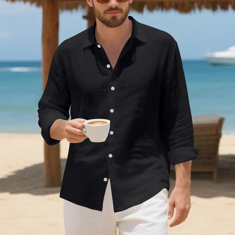A loose-fit linen casual shirt in an earthy yellow colour, showing a non-iron texture and American-style collar.