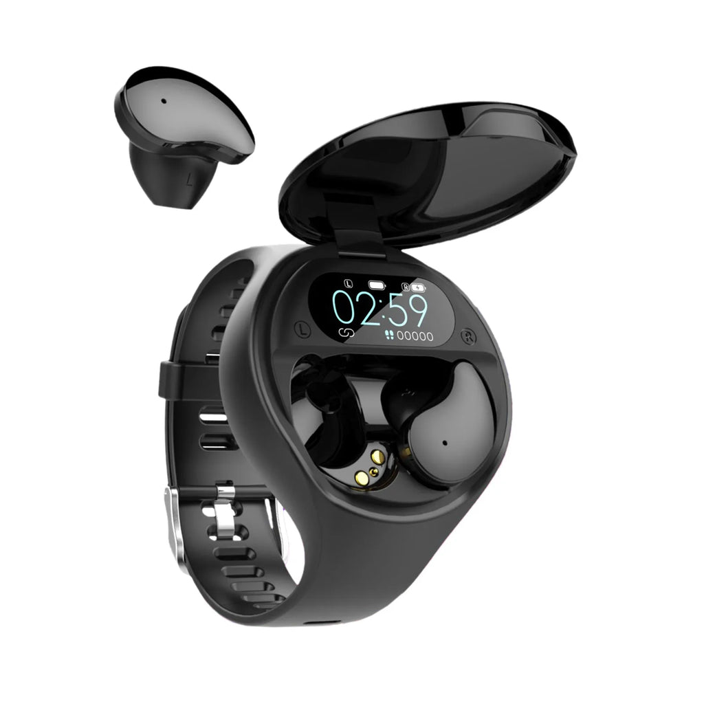 Black Bluetooth headset attached to a smart bracelet with colour screen for heart rate and step tracking.
