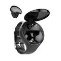 Black Bluetooth headset attached to a smart bracelet with colour screen for heart rate and step tracking.