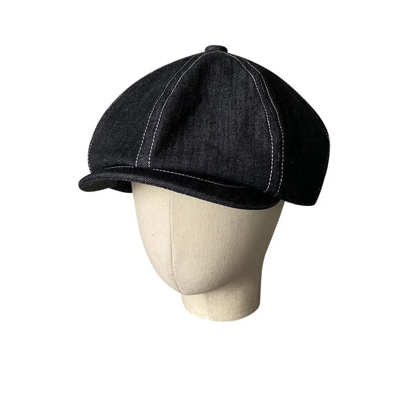 Black Japanese denim fabric six-panel retro beret hat for men and women unisex cotton cap