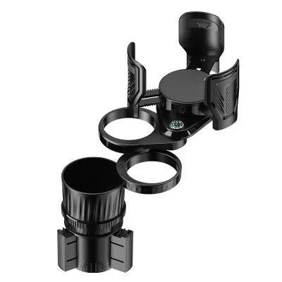 Black retractable car water cup holder with adjustable base on a car centre console.
