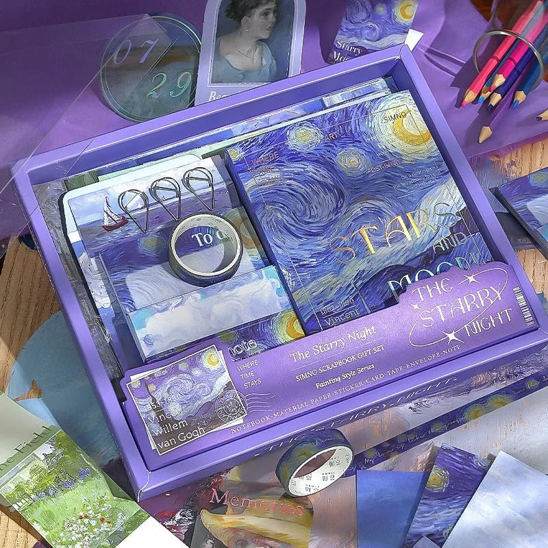 Retro style creative journal gift box with A6 notebook, decorative papers, envelopes, cards, and artistic accessories