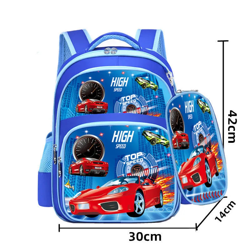 Blue children's nylon backpack with cartoon print, shown with included pencil case.