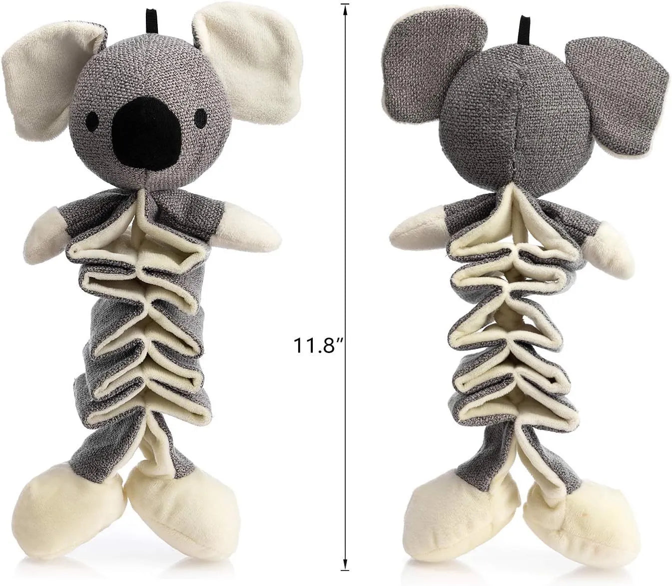 Gray Koala plush dog toy measuring 30cm long with crinkle paper inside.