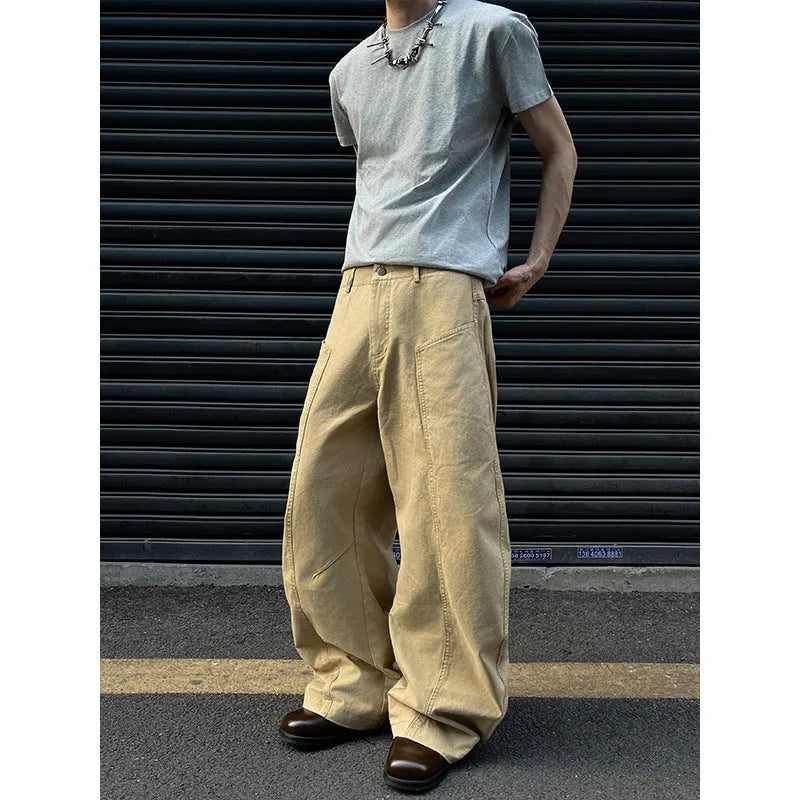 Men's casual cotton straight trousers in solid khaki colour from the front