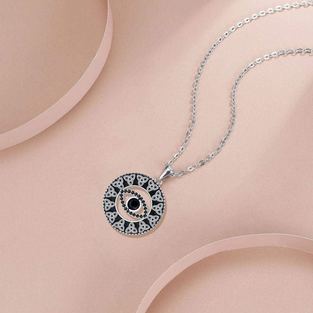 Devil's eye copper pendant necklace with electroplated finish and cross chain for women
