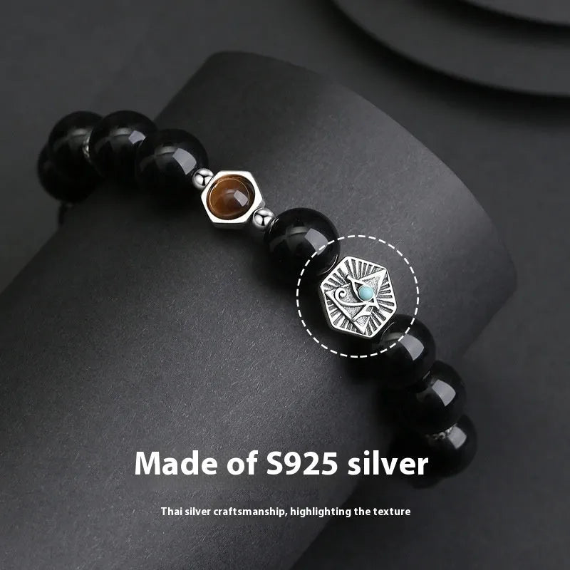 Men's retro S925 sterling silver bracelet with God's Eye obsidian inlay, geometric design, 8mm width, on dark background