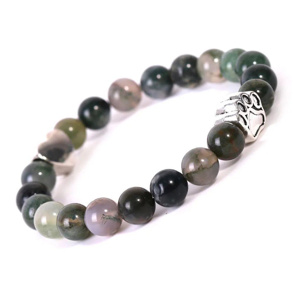 Stone bracelet with dog's paw design featuring Indian agate and tigereye beads in geometric arrangement
