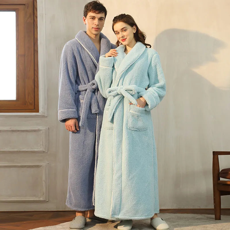 Thick flannel couple's bathrobe in winter colours like navy blue and silver gray, shown in plus sizes.