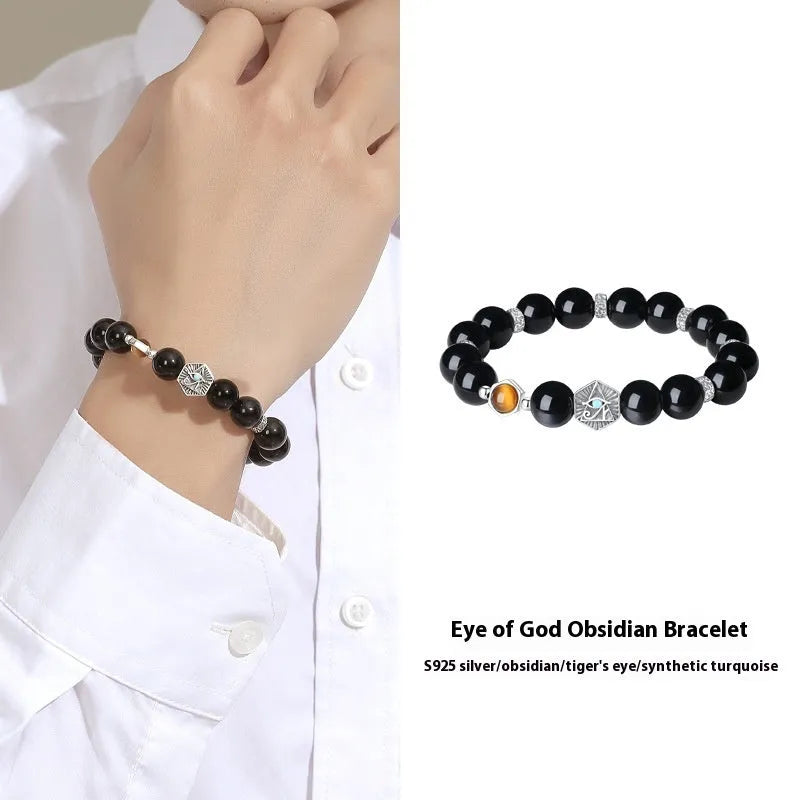 Men's retro S925 sterling silver bracelet with God's Eye obsidian inlay, geometric design, 8mm width, on dark background