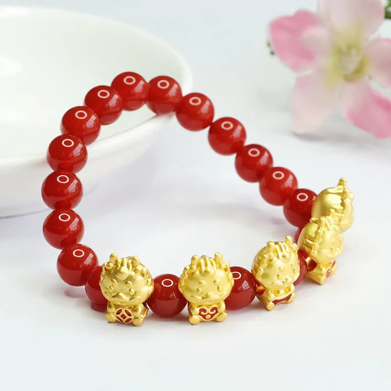 Natural red agate bracelet with Five Blessing Dragon carving, 8mm beads, Chinese style