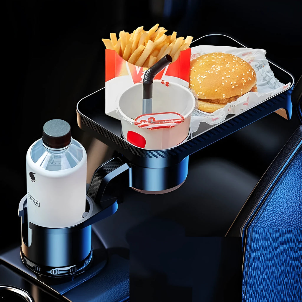Black car-mounted 360-degree rotating dinner tray holder inserted in vehicle cup holder