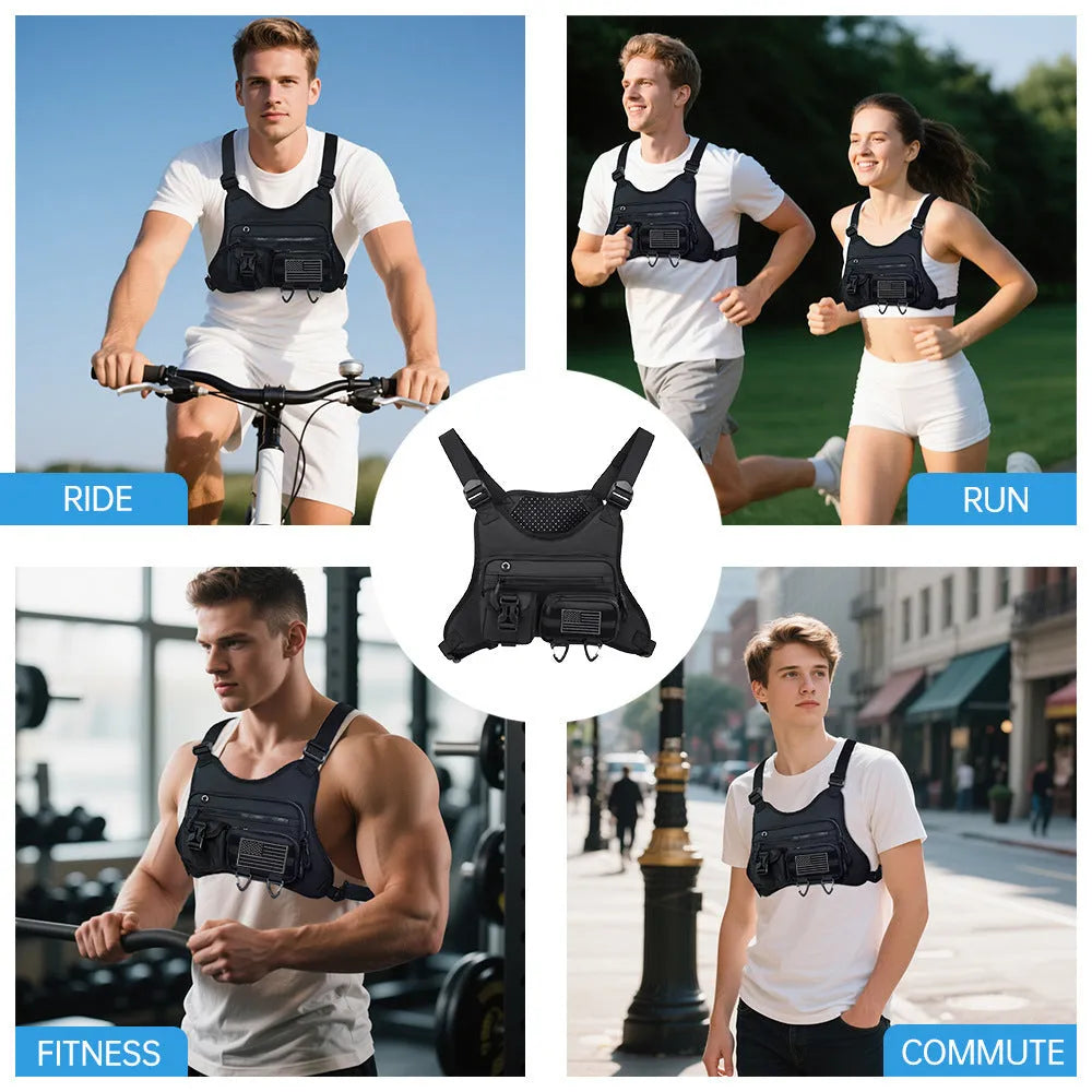 Outdoor sports chest bag in Oxford cloth with sewing line detail, available in black, blue, and gray for men