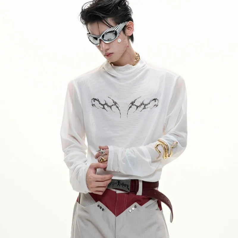 Black and white mesh ice-feel slim fit long sleeve bottoming shirt for layering