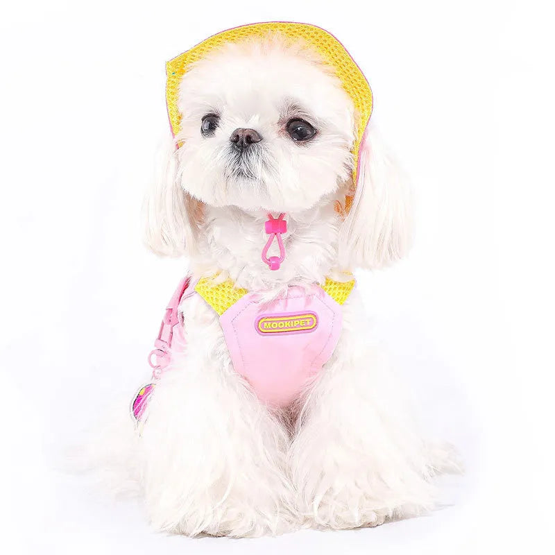 Pink pet traction vest made from 100% polyester fibre with leash ring hole, available in sizes XXS to XXL.