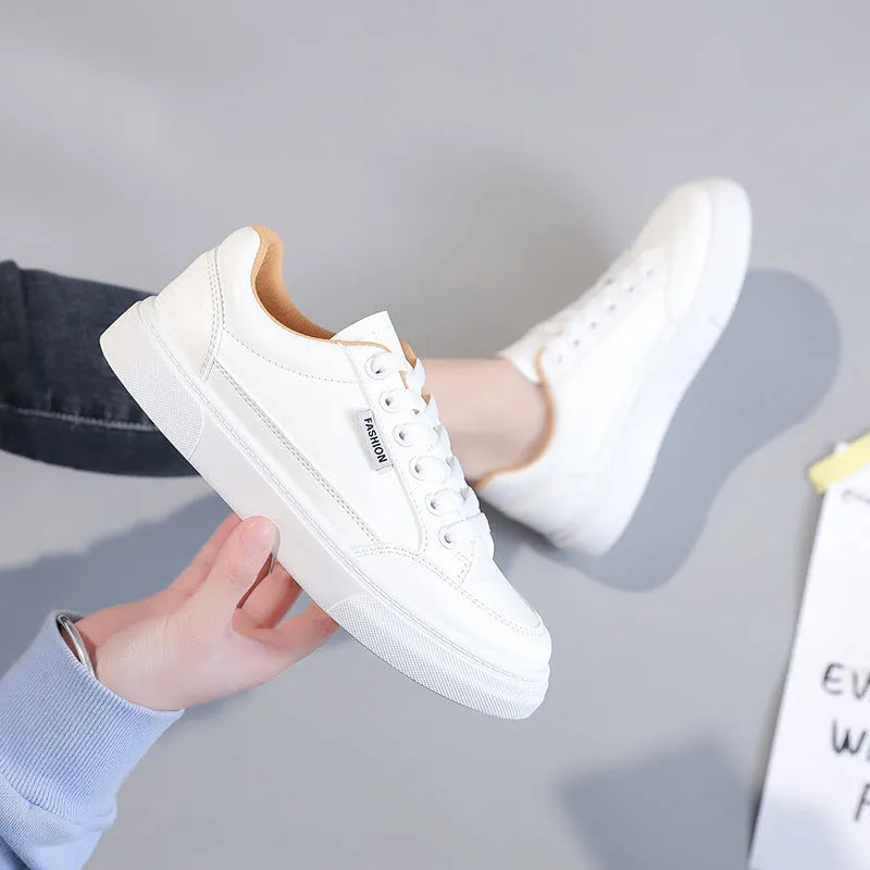 Korean-style low-top sneakers in white and brown with artificial PU leather upper and plastic sole