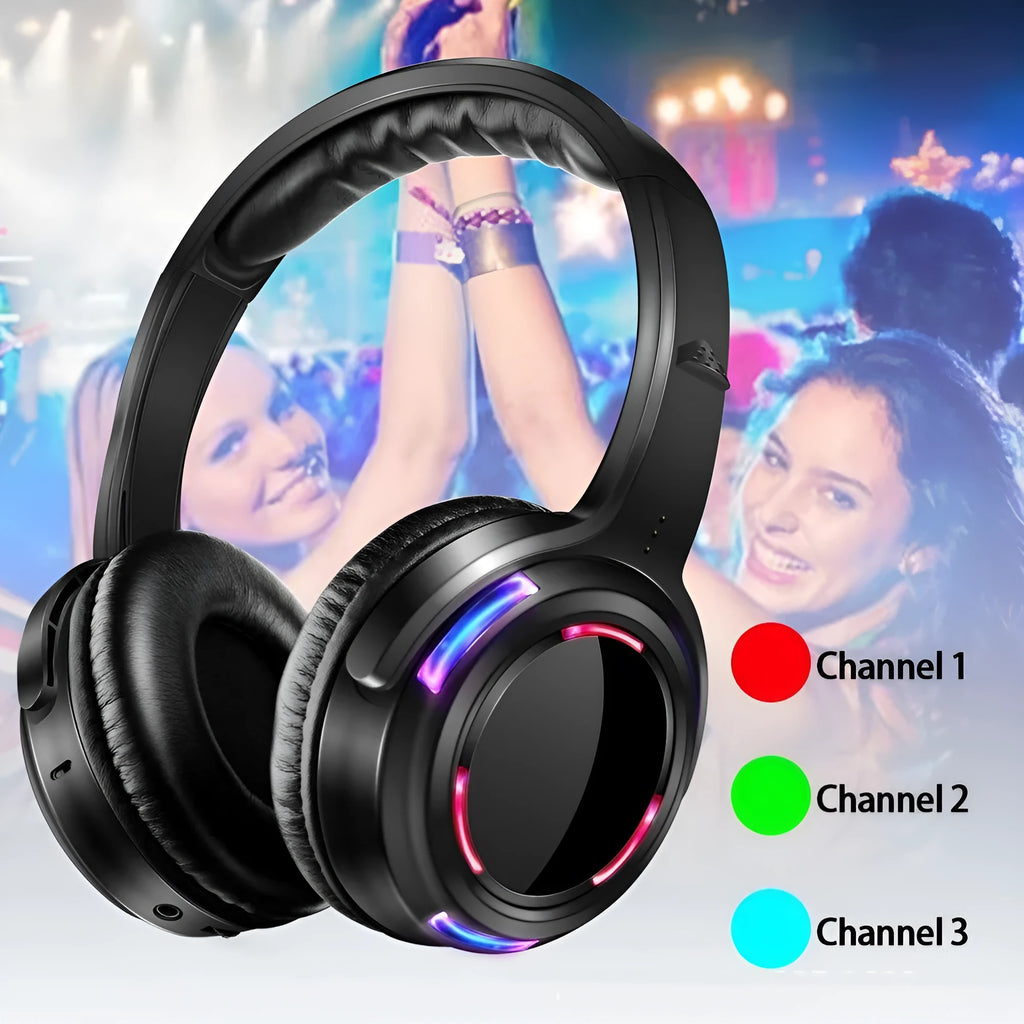Black over-ear silent disco headphones with 3 metre cable and rechargeable battery for wireless party events