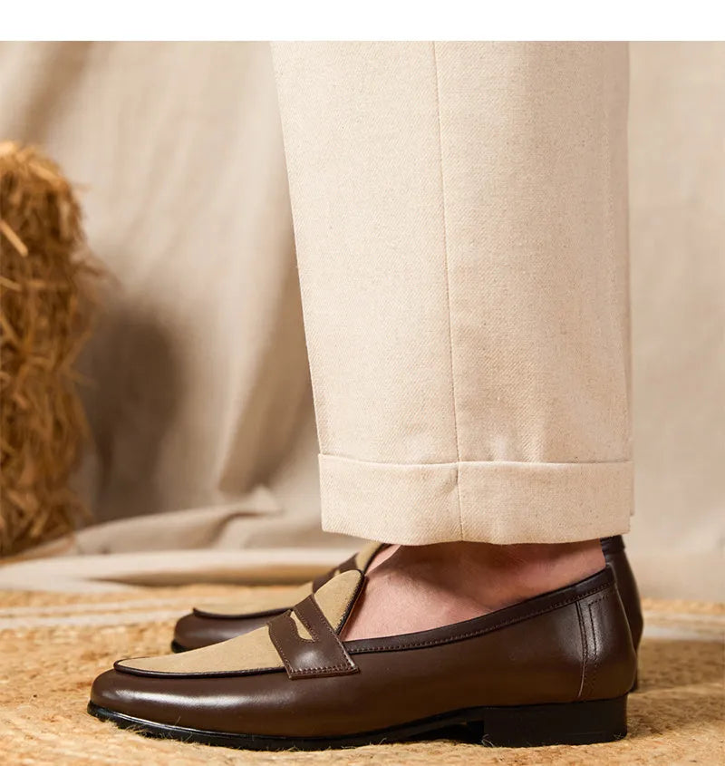 Men's coffee-grey suede slip-on loafers with a high-gloss finish and rubber sole.