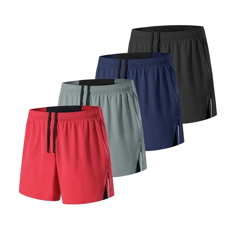 Men's high-waist loose fit off-road running shorts in quick-dry fabric, shown in red, black, navy and grey.