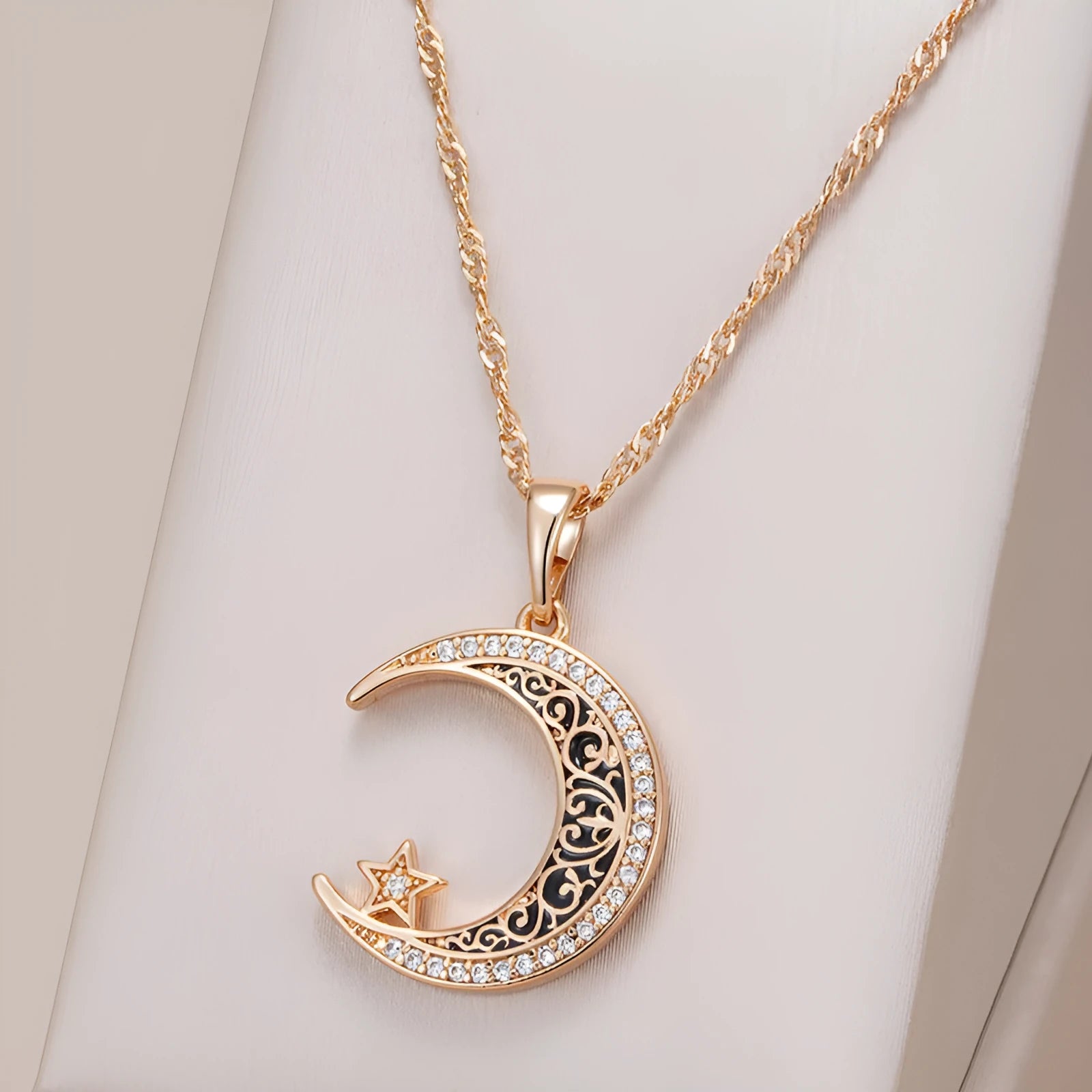 Rose gold star moon pendant necklace with zircon and enamel on adjustable water wave chain