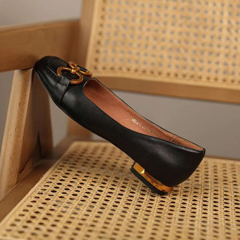 Women's Wanwan Lei style square toe pumps with shallow mouth cut and metal detail in apricot colour
