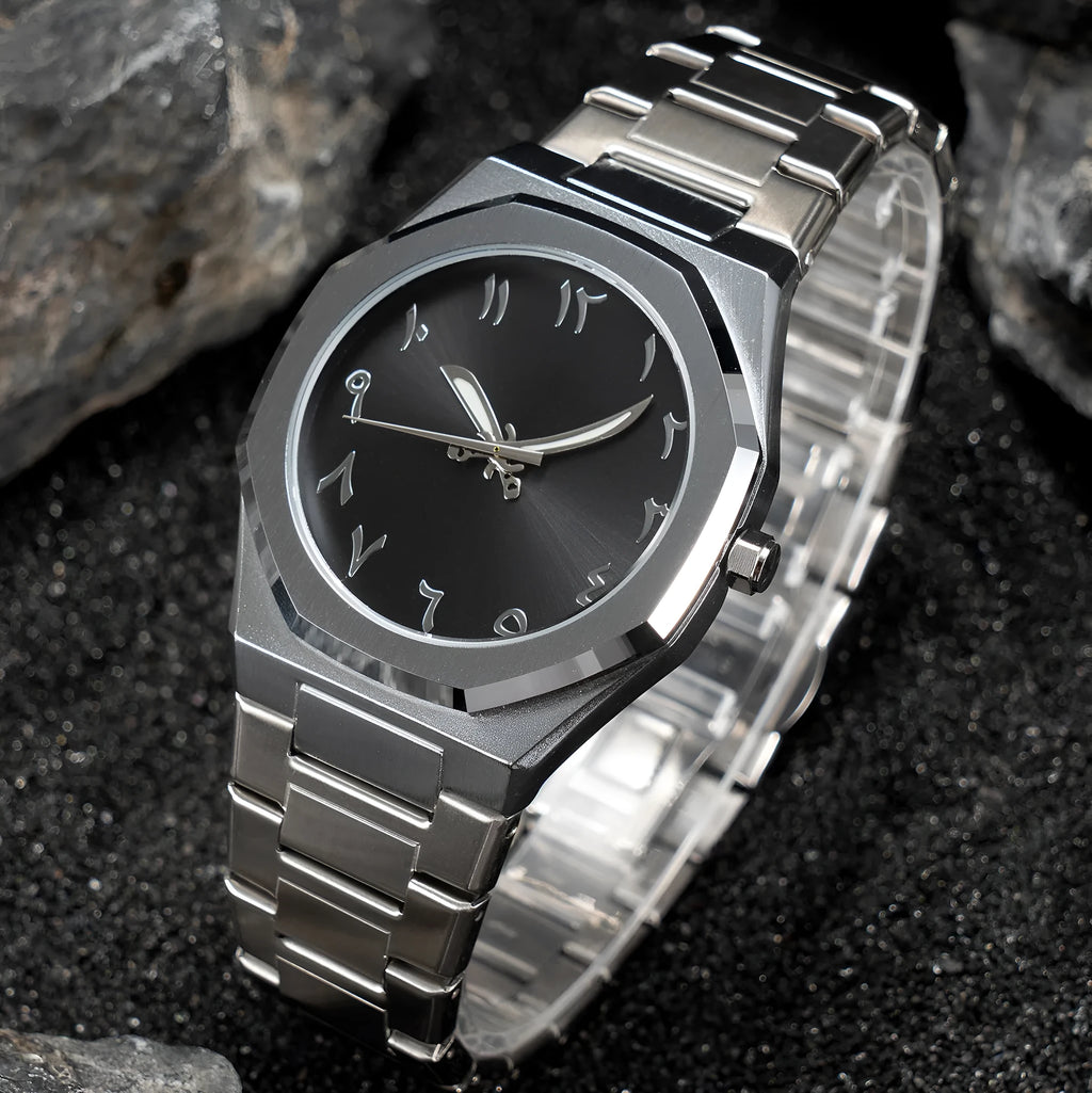 Men's silver black business watch with stainless steel belt and quartz dial.