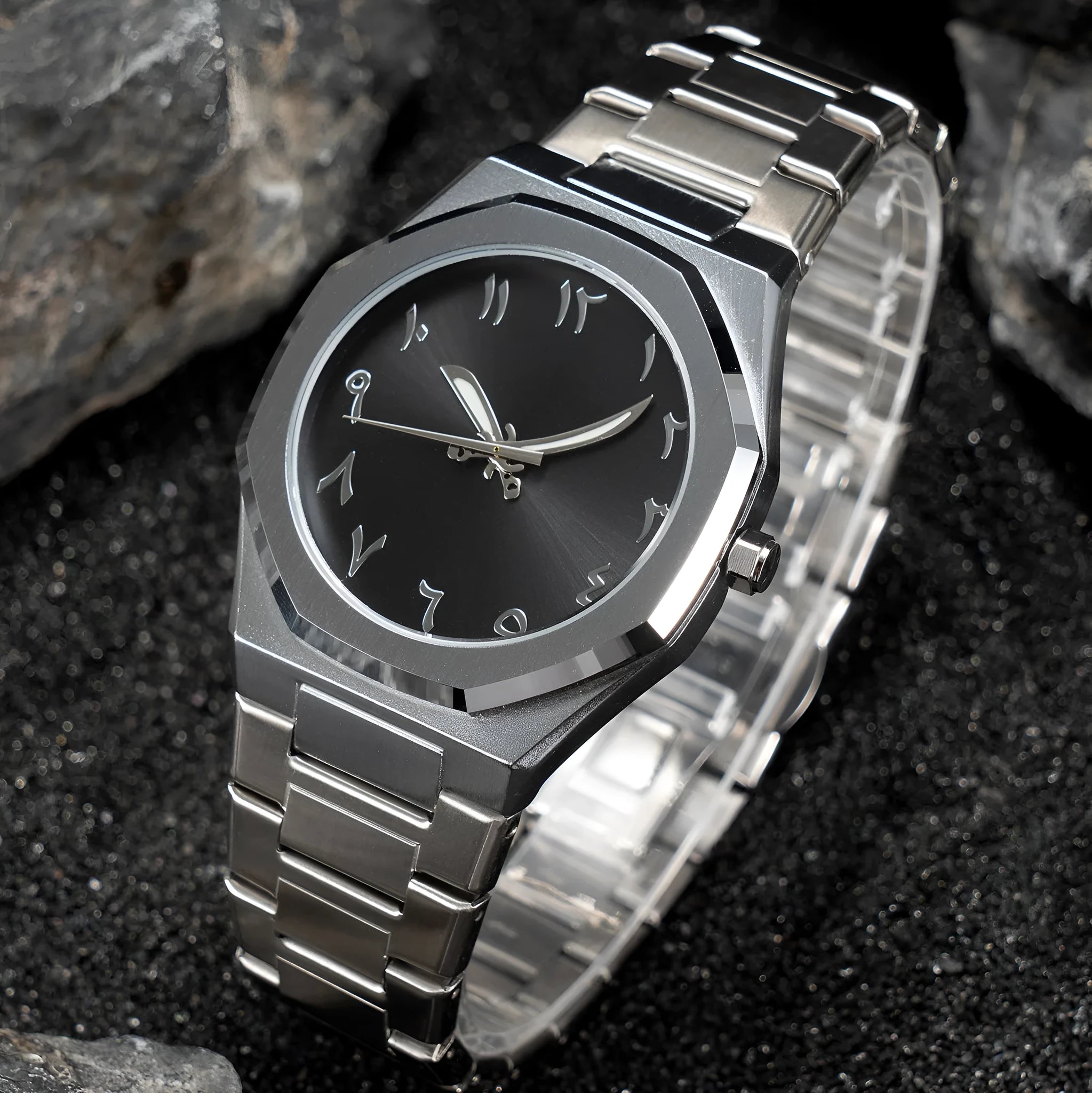 Men's silver black business watch with stainless steel belt and quartz dial.