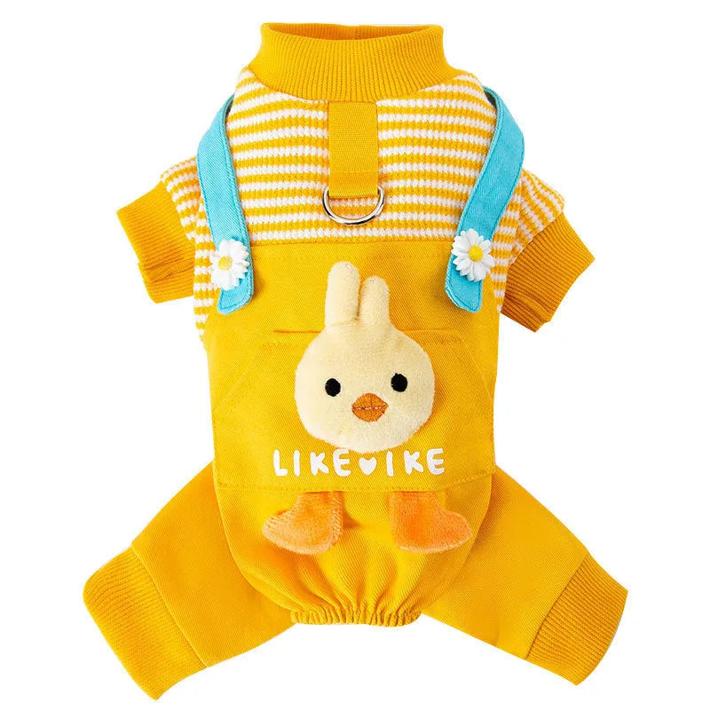 Autumn yellow polyester dog coat with three-dimensional chicken design, front view showing playful motif