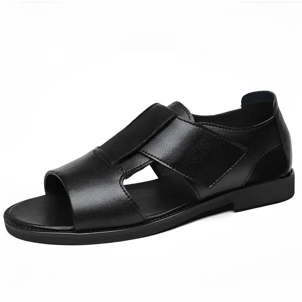 Men's black leather casual Roman sandals with an open toe and rubber sole on a neutral background.