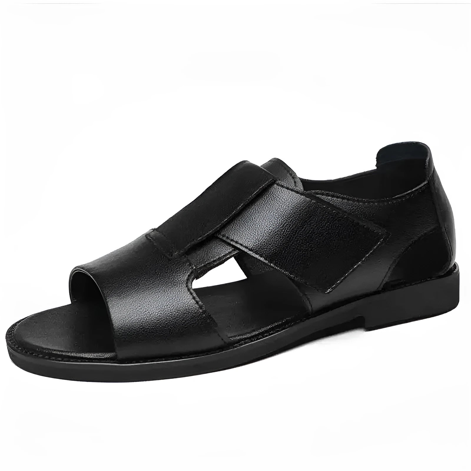 Men's black leather casual Roman sandals with an open toe and rubber sole on a neutral background.