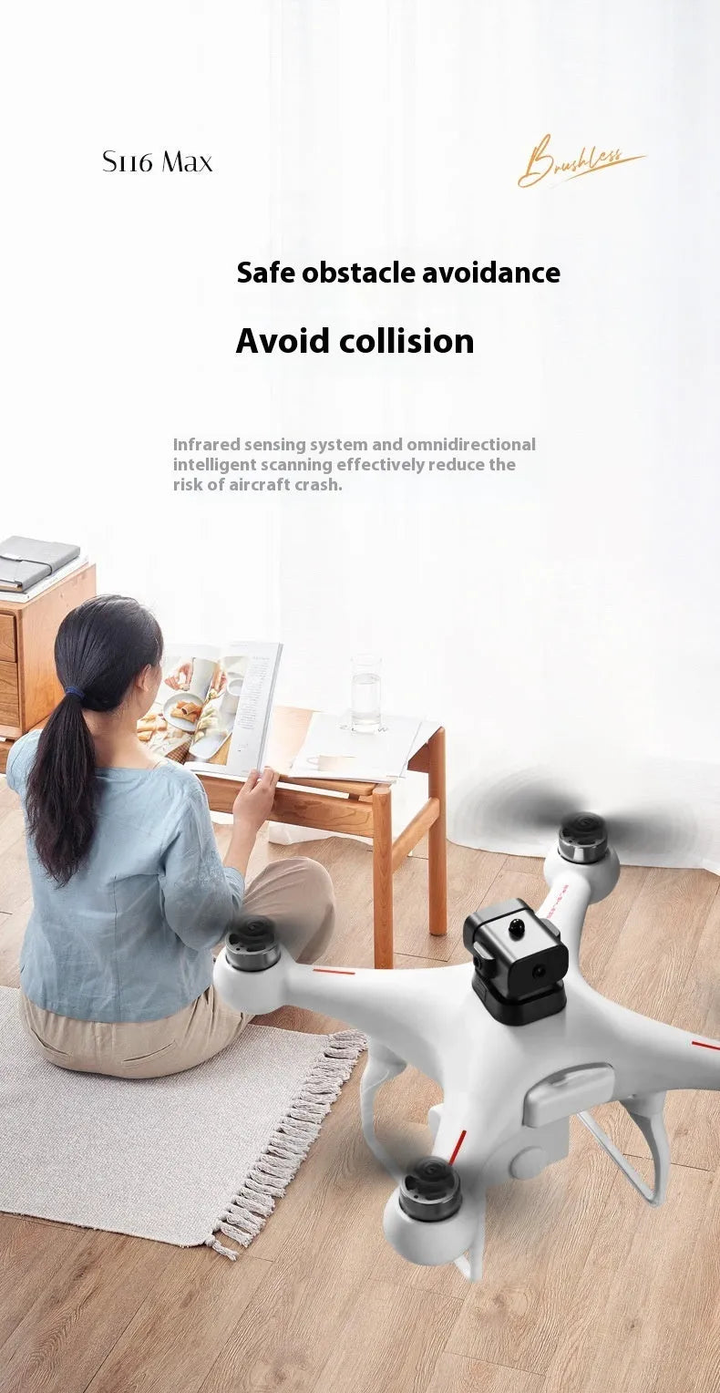 S116 black and white brushless quadcopter drones with four-propeller design and HD camera.