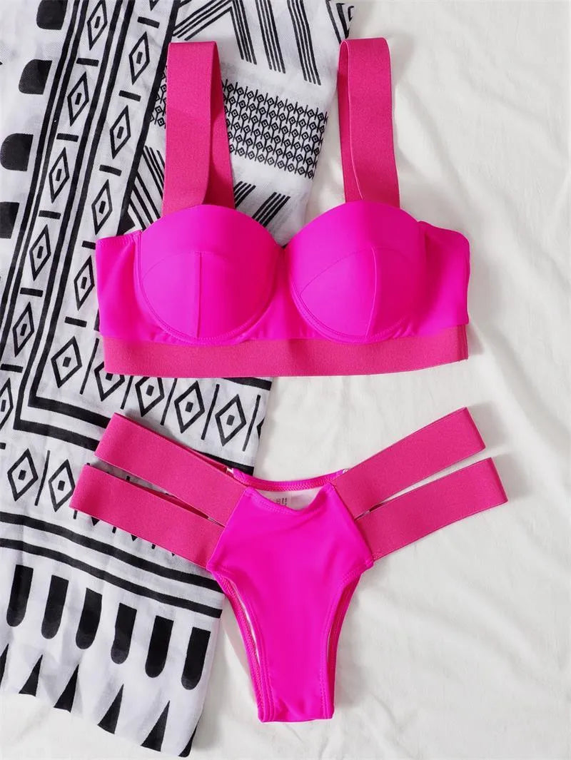 Women's rose red and black contrast colour bikini with structured push-up top