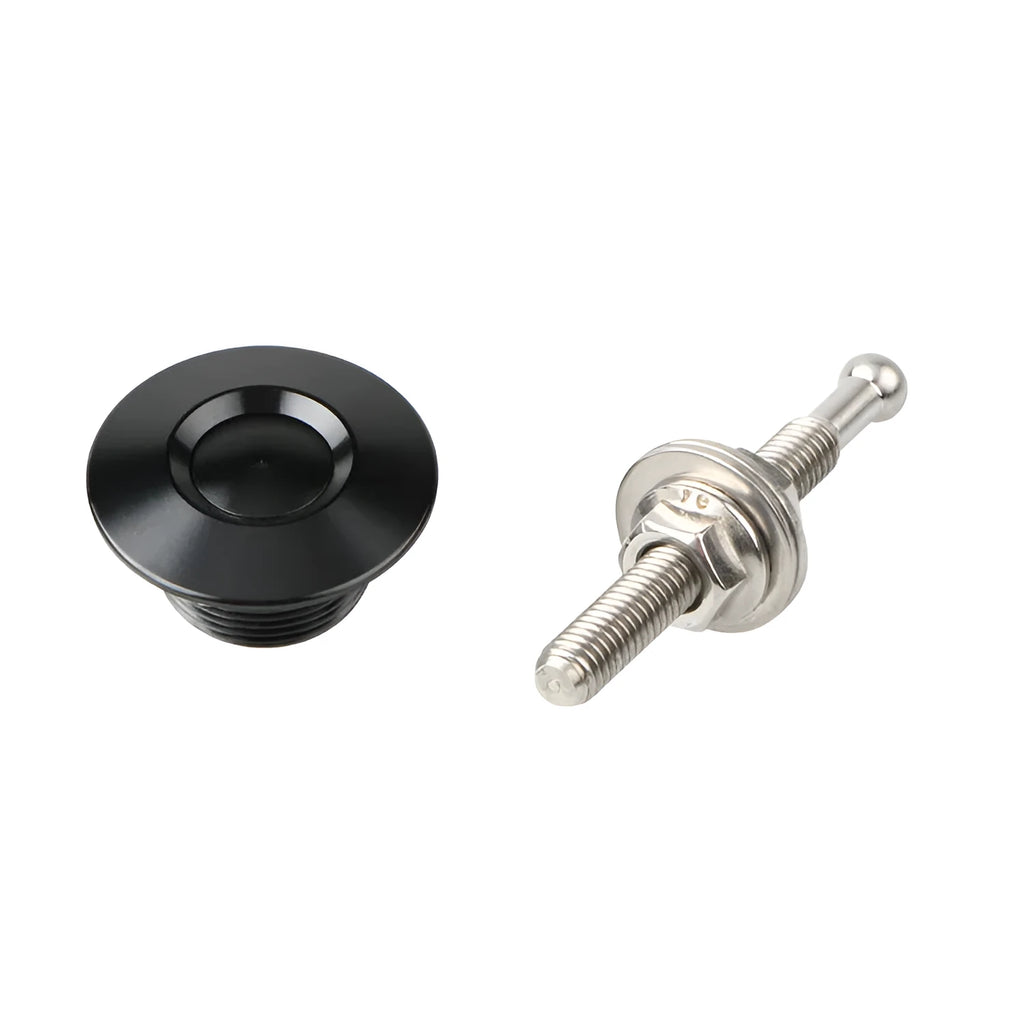 30mm diameter aluminium car engine cover lock with a button head, shown with a 55mm screw, in red finish.