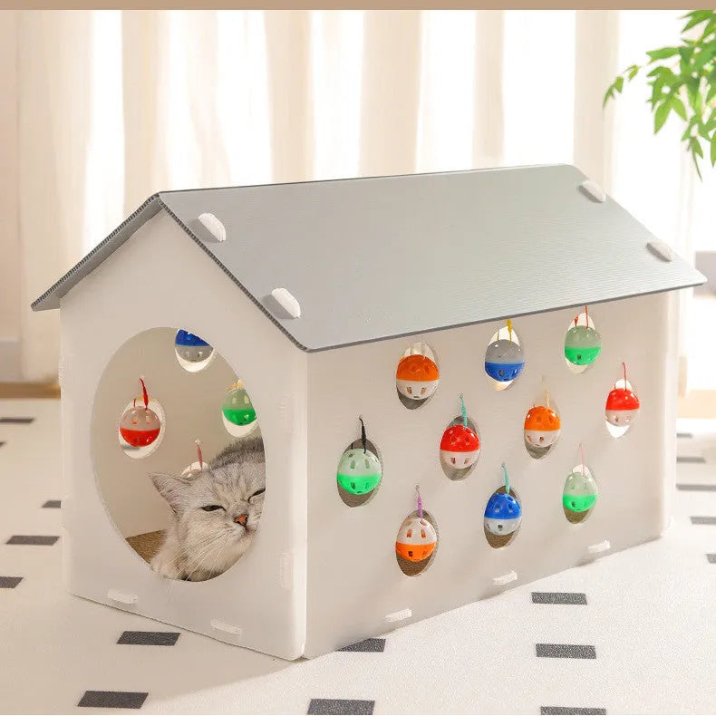 Integrated plastic cat scratch board toy with bell ball, tunnel, and sleeping nest for indoor cats