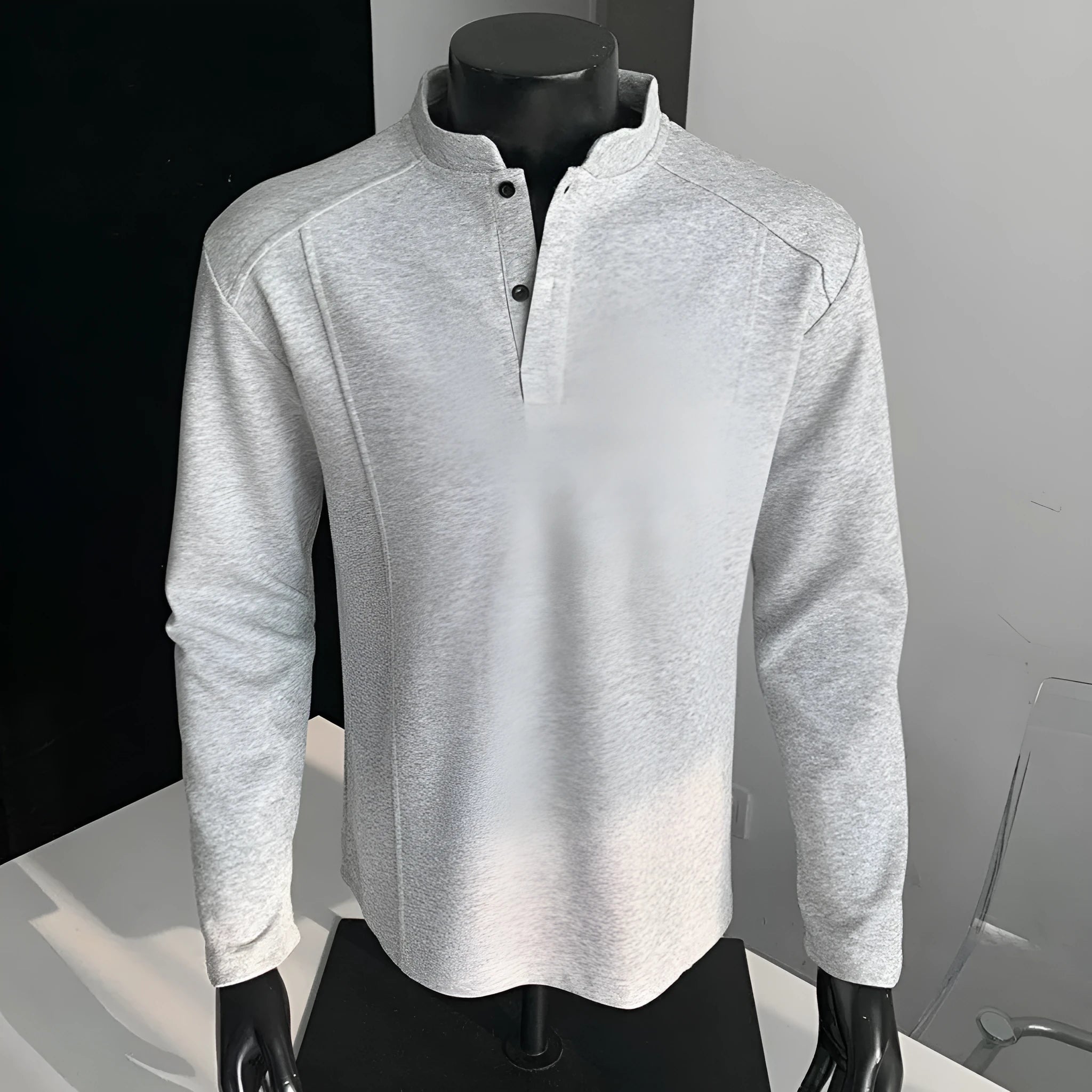 Men's patchwork polo shirt with stand-up collar and asymmetric design in heather gray