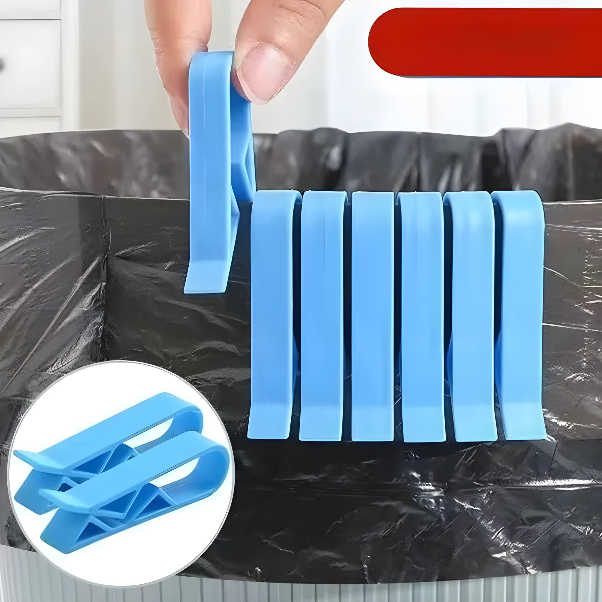 PP plastic bin bag fixing clip attached to a rubbish bin rim holding a liner in place.