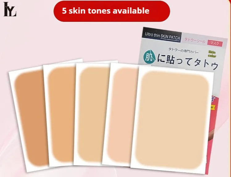 Tattoo cover patch and a thin 130mm long concealer brush for precise application, with six colour options displayed.