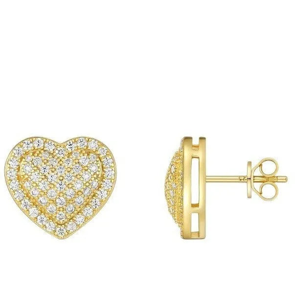 Golden heart-shaped stud earrings with moissanite centre on silver background