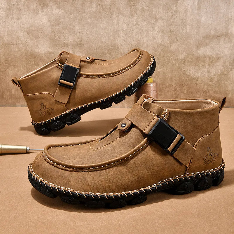 Handmade brown casual slip-on shoes with a flat heel and synthetic leather upper.