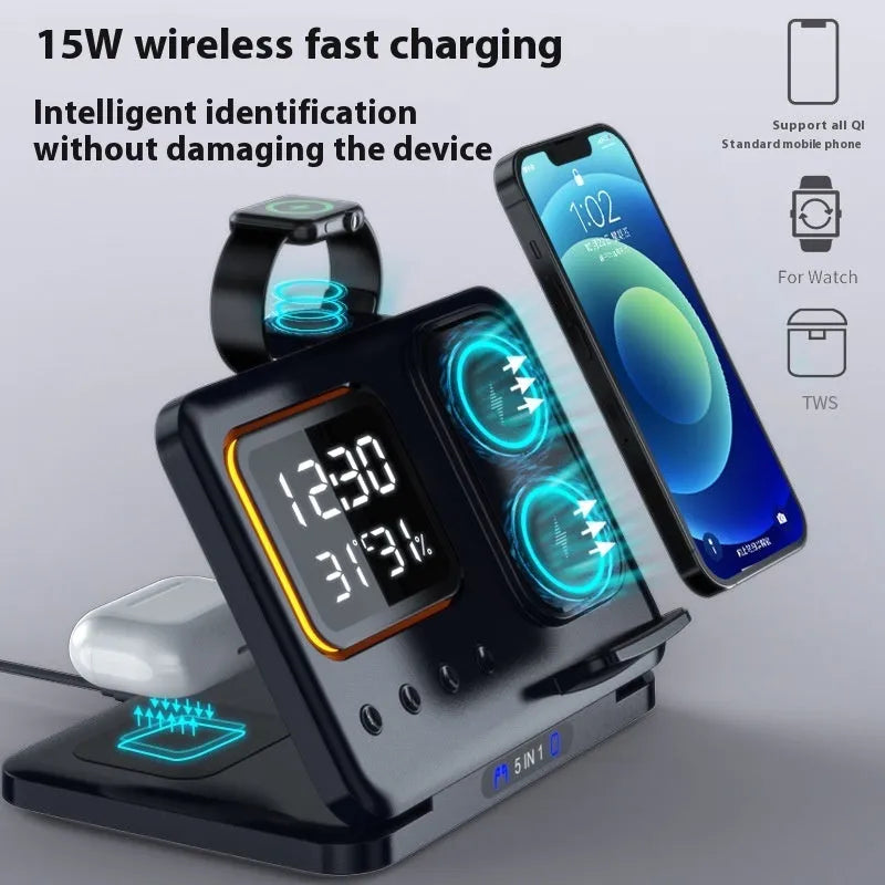 Black 5-in-1 wireless charging dock station showing phone, watch, and earbuds charging next to LED digital clock display.