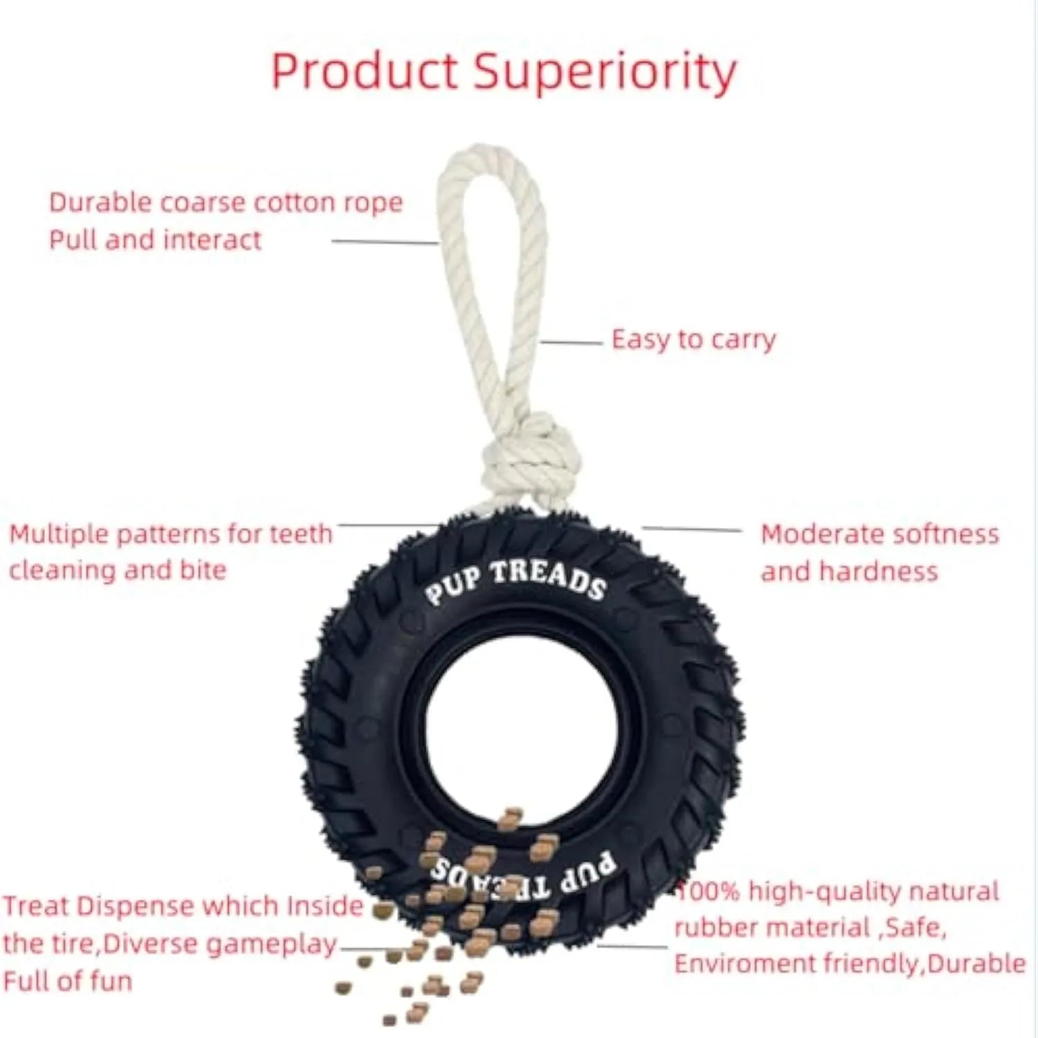 Black natural rubber dog chew toy shaped like a tire with rope, 35x16cm, for large aggressive chewers
