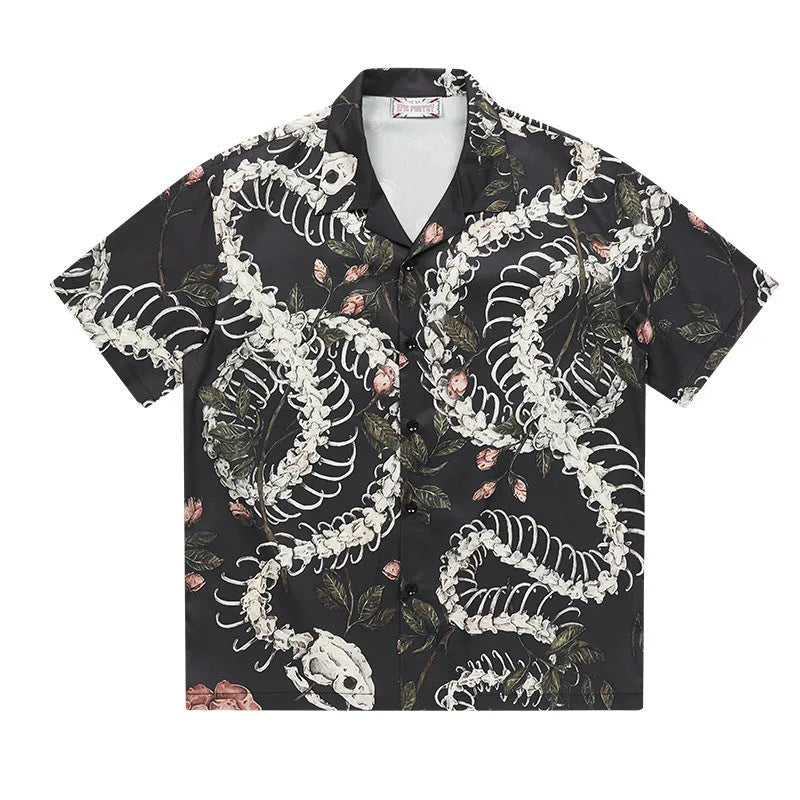 Men's short sleeve Cuban collar shirt with snake bone floral pattern printed design in colourful loose fit option