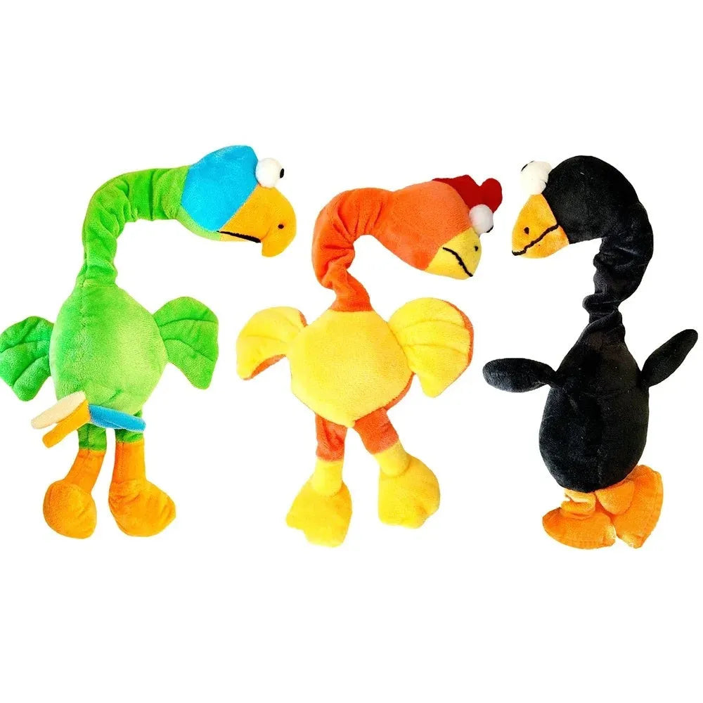 Screaming chicken sound dog chew toy in black, green and orange colours with bite resistant squeaky design
