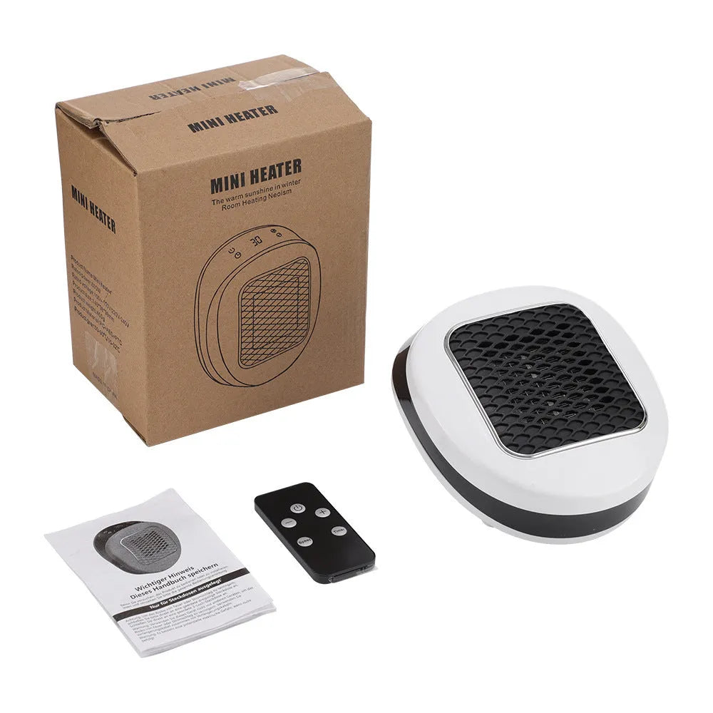 White ceramic electric air heater with remote control on a table.