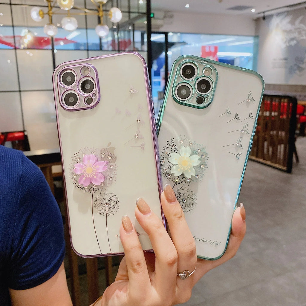 Green TPU phone case with spinning 3D floral design for iPhone with integrated screen protector