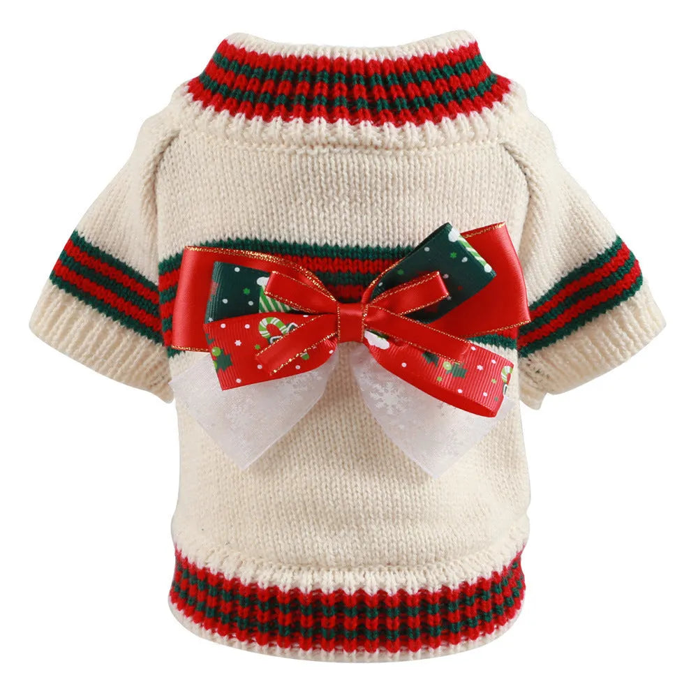 Dog wearing red Christmas jumper with festive holiday motifs, polyester pet sweater for seasonal wear