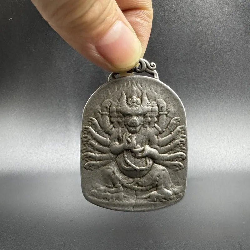 Chinese-style iron geometric pendant with protective deity motif hanging ornament